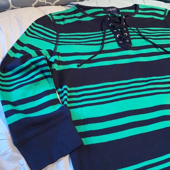 Chaps 100% Cotton long sleeve Henley top lace up green black stripe Small - Picture 4 of 9